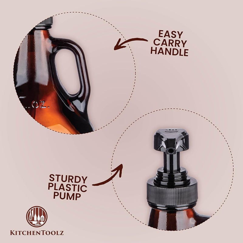 kitchentoolz Half Gallon Glass Pump Dispenser Bottle, Large Jug with Pump for Laundry Soap Dispenser, Liquid Detergent, Fabric Softener, Syrup Pump - 64 oz Capacity - Amber Bottle- Pack of 2, by - Image 2